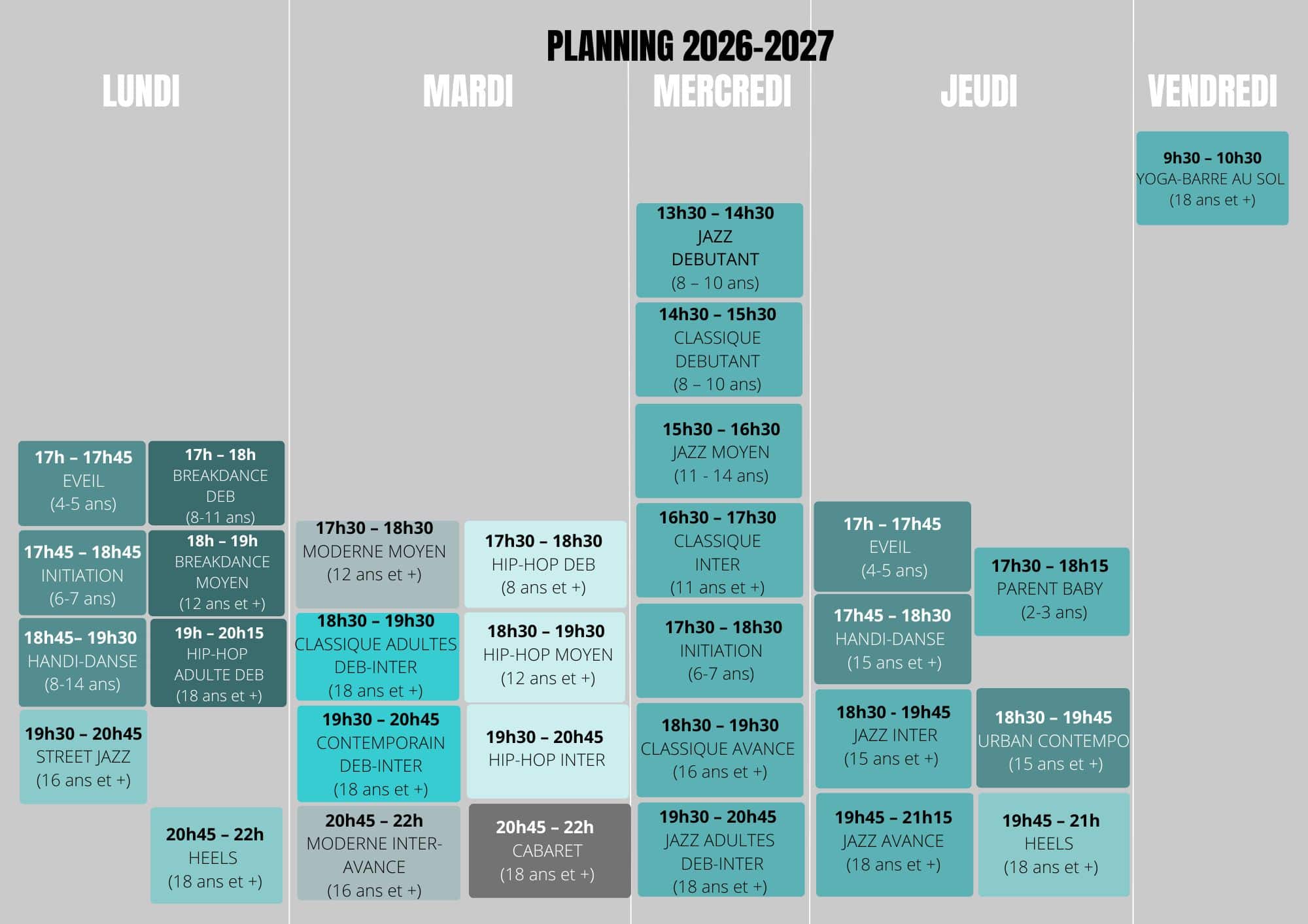 PLANNING – TARIFS